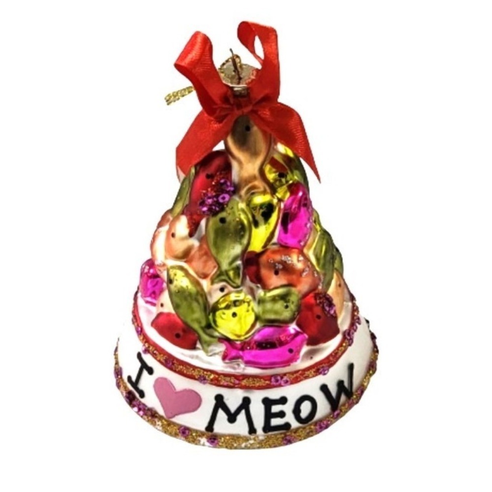 NEW Sterling Blown Glass Sardine Tower I love Meow Cat Christmas Ornament